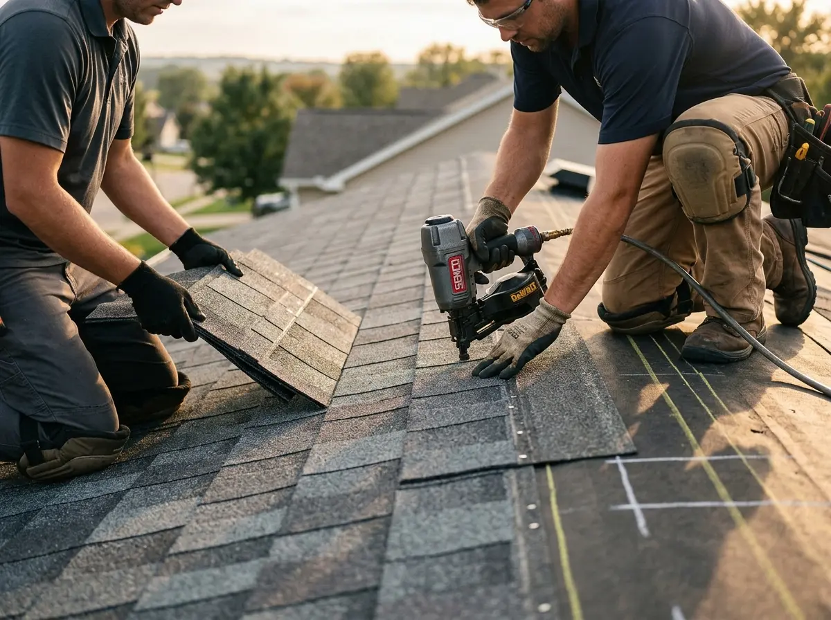 Professional roofer working on a residential roof in Milton